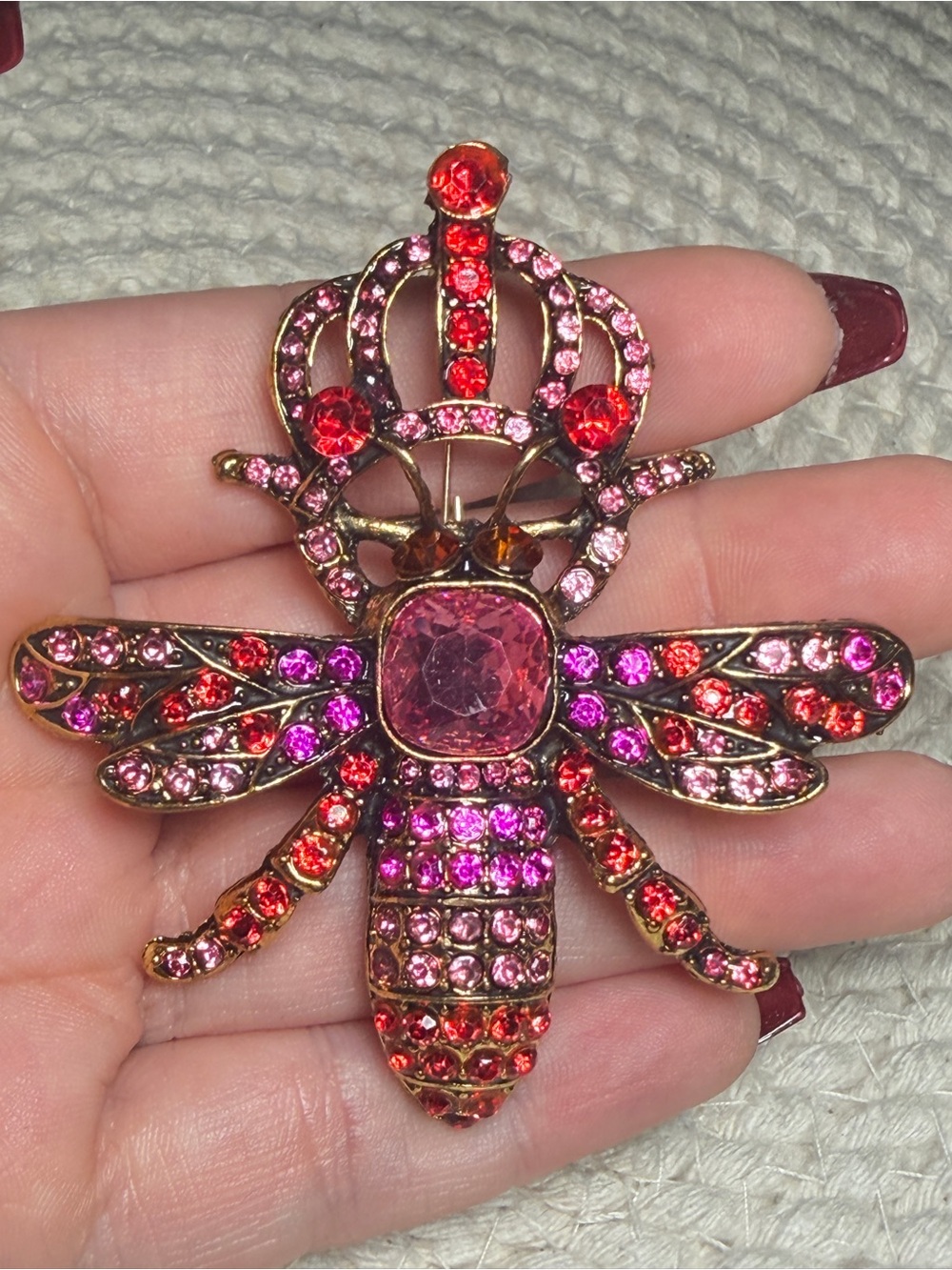 Queen Bee Large Pink Rhinestone Brooch with Crown Jeweled Statement Pin 3.5 inch
